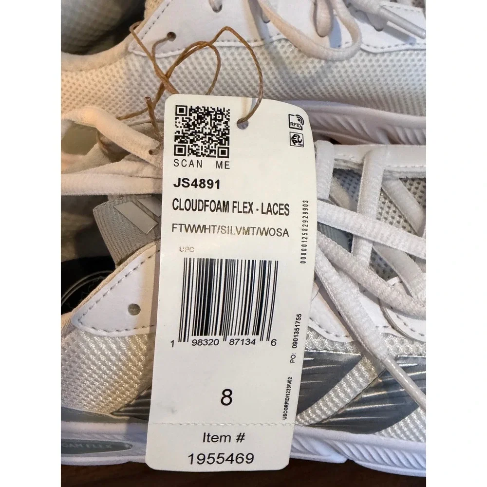 Adidas Cloudfoam Flex Laces Womens •8• White Silver Running Shoes Athleisure Gym